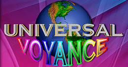 Logo avec un globe terrestre stylisé et le texte UNIVERSAL VOYANCE en couleurs vives sur fond violet.
