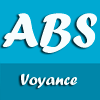 Logo ABS en blanc avec ombre sur fond bleu dégradé et texte Voyance en blanc cursif.