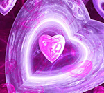 Cœurs lumineux violets et roses translucides flottant sur fond sombre abstrait.
